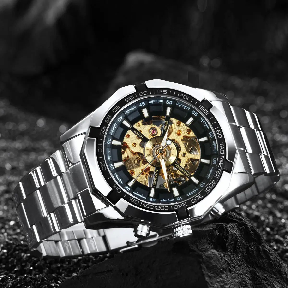 WINNER Classic Skeleton Watch for Men with stainless steel strap and gold-tone skeleton movement Forsining