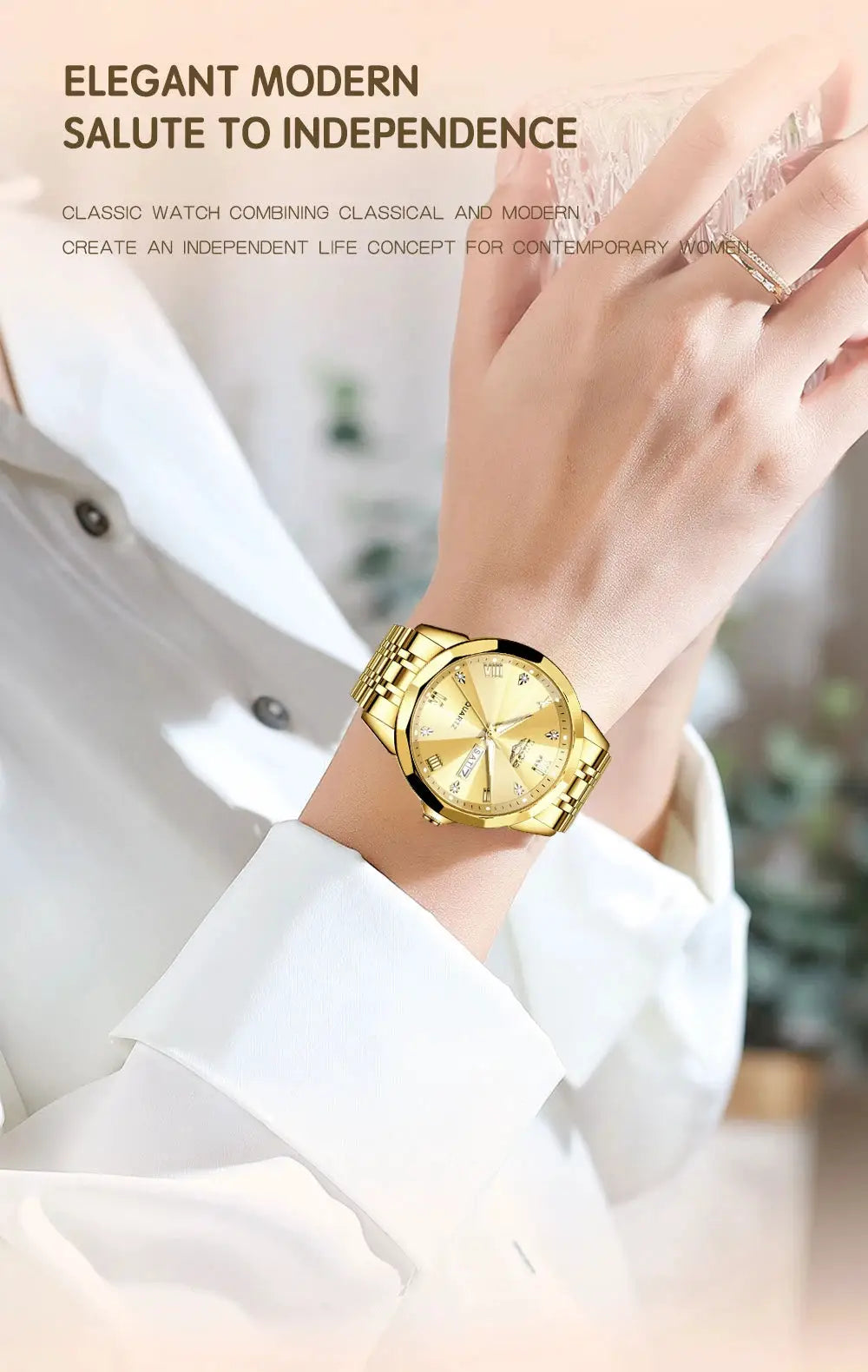 LIGE gold-tone women's wristwatch with crystal hour markers and metal bracelet