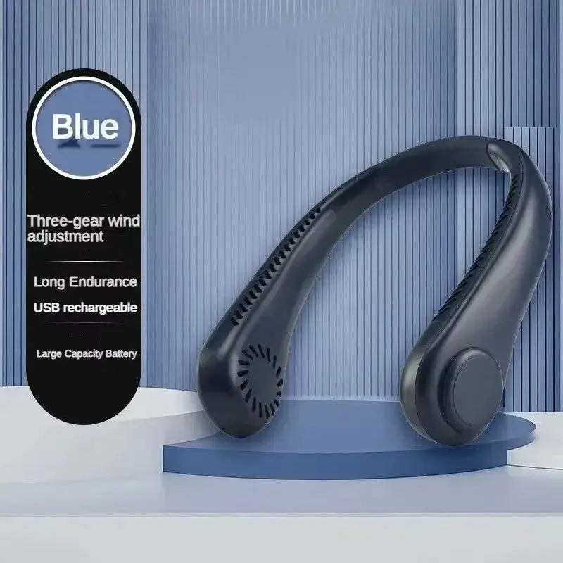 Hands-free neck fan by Simples Market, bladeless wearable USB rechargeable with 3 speeds, blue option label