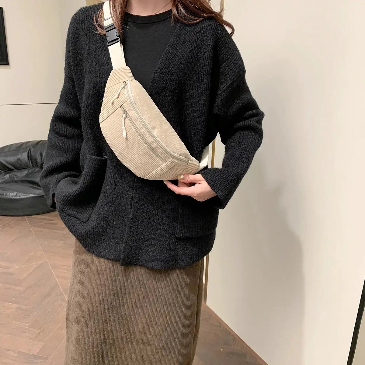Corduroy waist bag crossbody in beige with zip pockets