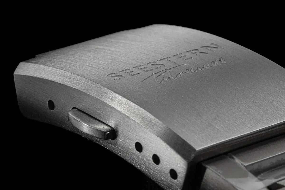 Seestern Diver watch; titanium case back with brushed metal finish.