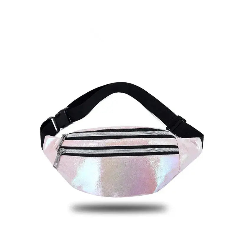 Holographic fanny pack with iridescent pink finish, dual zip compartments, and a black adjustable strap