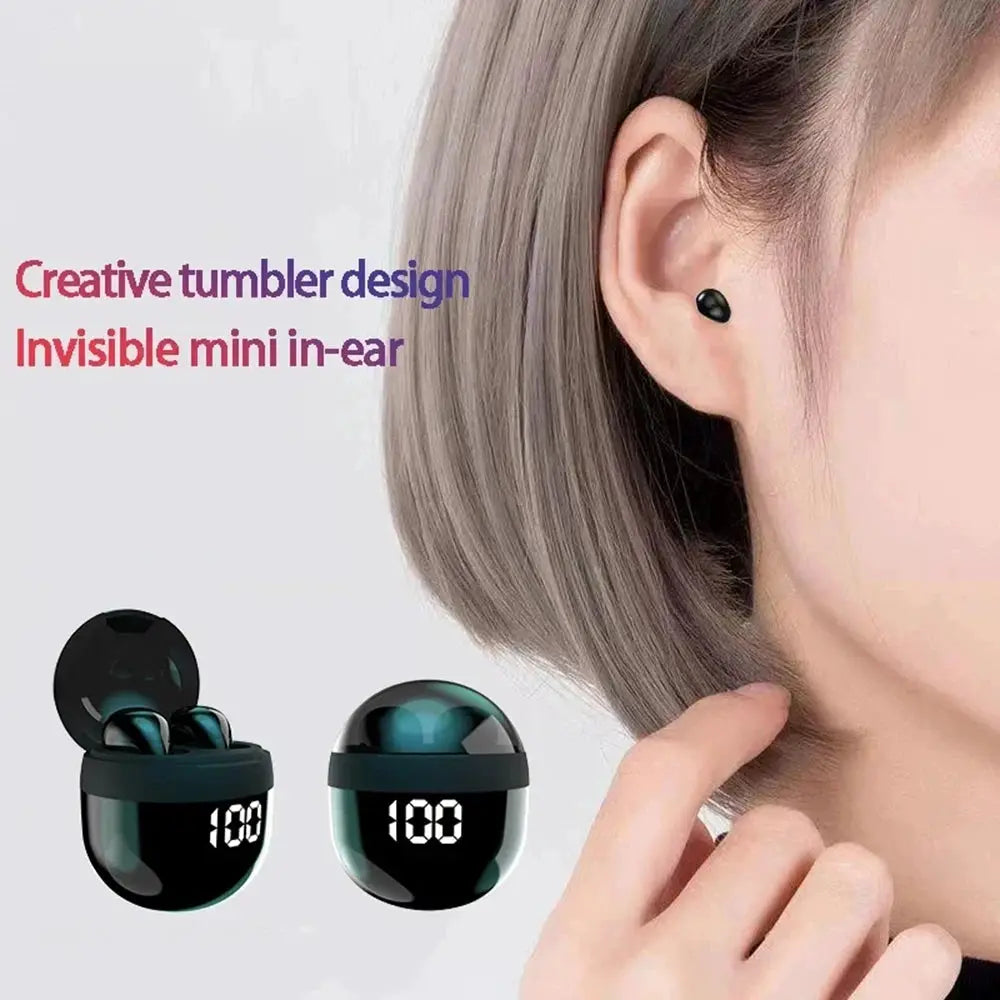 SK18 Mini Invisible In-Ear Wireless Earbuds with charging case, black with teal accents
