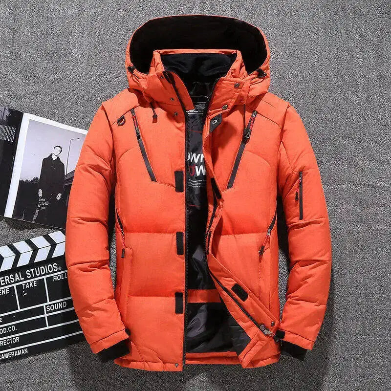 Men's orange hooded down jacket by Simples Market, oversized puffer parka with multiple zip pockets