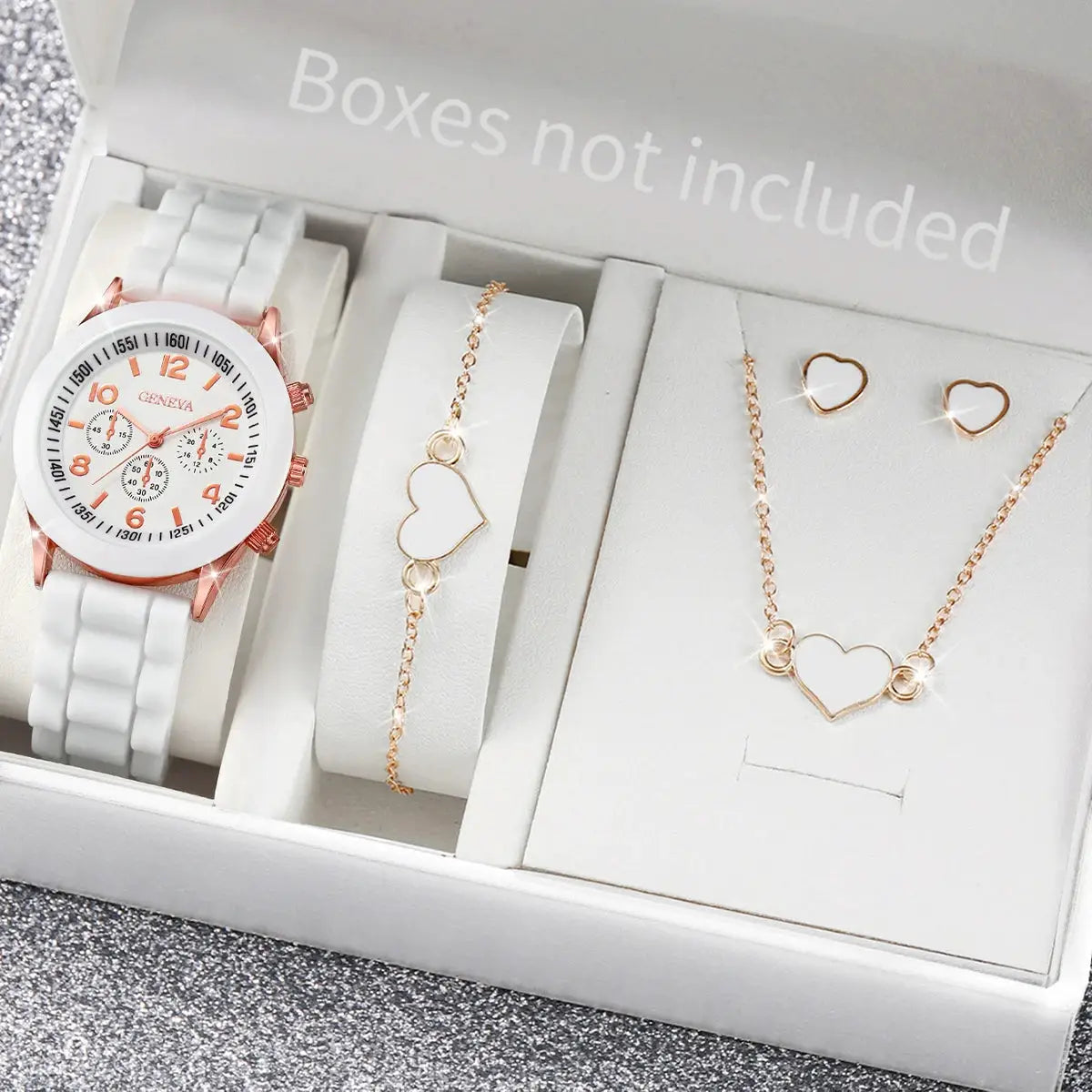Geneva women’s watch set with white silicone strap and rose-gold accents, plus heart bracelet, necklace, and earrings