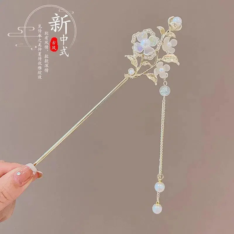 Elegant Chinese Style Romantic Enameled Flower Tassel Hair Clip Alloy Jewelry Hairpin For Women Fashion Accessory