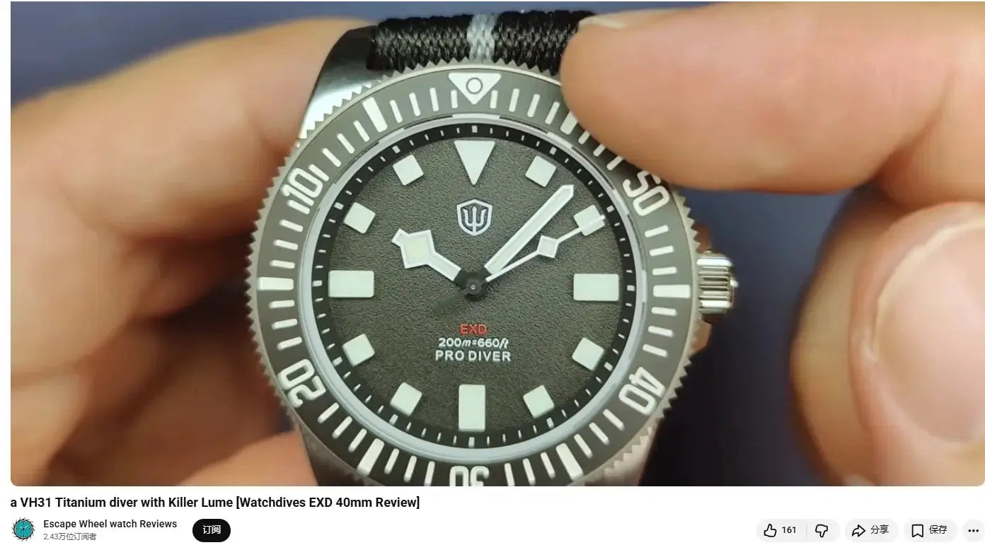 Watchdives EXD 40mm titanium dive watch with black dial, luminous markers, rotating bezel, and fabric strap