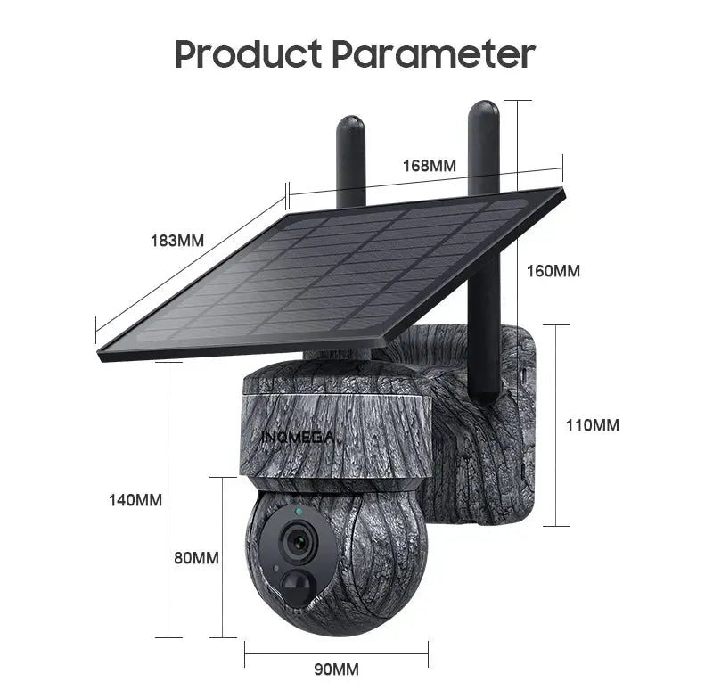 INQMEGA gray solar PTZ security camera with panel; Simples Market, 5MP/4MP WIFI, two-way audio