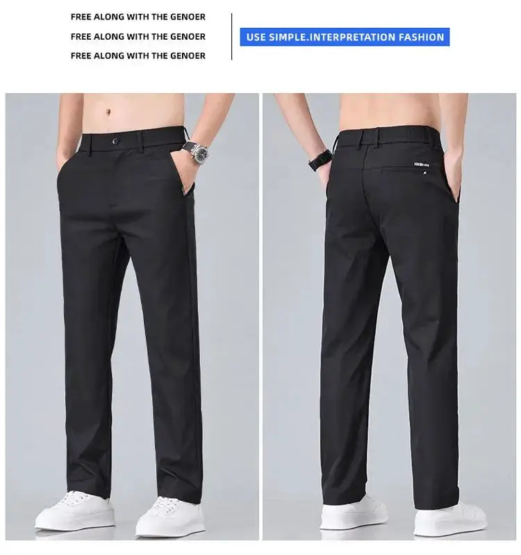 Men's black stretch-cotton slim-fit casual business pants, front and back views.