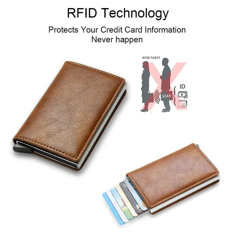 RFID-blocking credit card holder wallet in brown leather; slim minimalist design