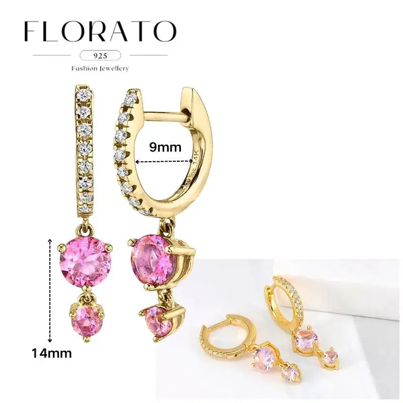pair of Florato 925 gold-tone hoop earrings with pink zircon drops