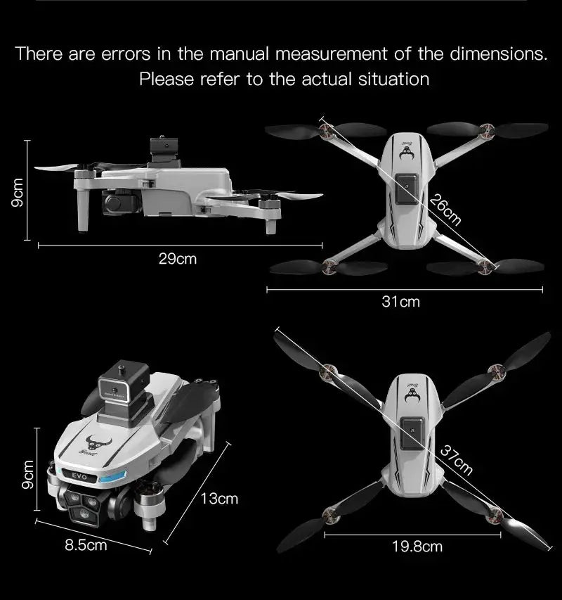 Simples Market drone set: four gray quadcopters and a small ground rover with dimension diagrams.