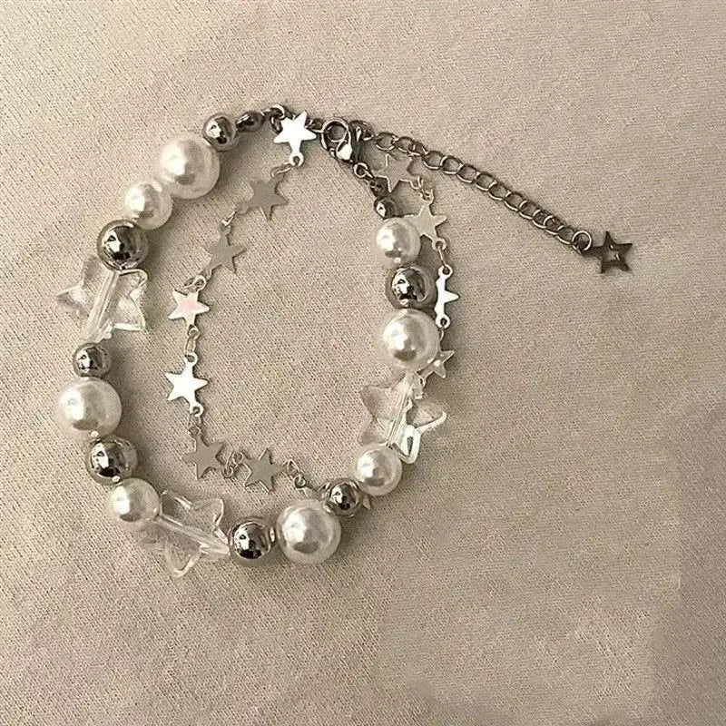 Double Layer Pearl Beaded Bracelet Inspired By Little Red Book Trend Star Shaped Jewelry Elegant Strand Wristband