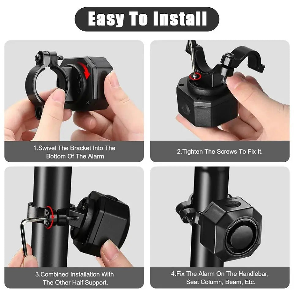 Hollarm wireless bike vibration alarm by Simples Market; compact black USB-charging bicycle security device.