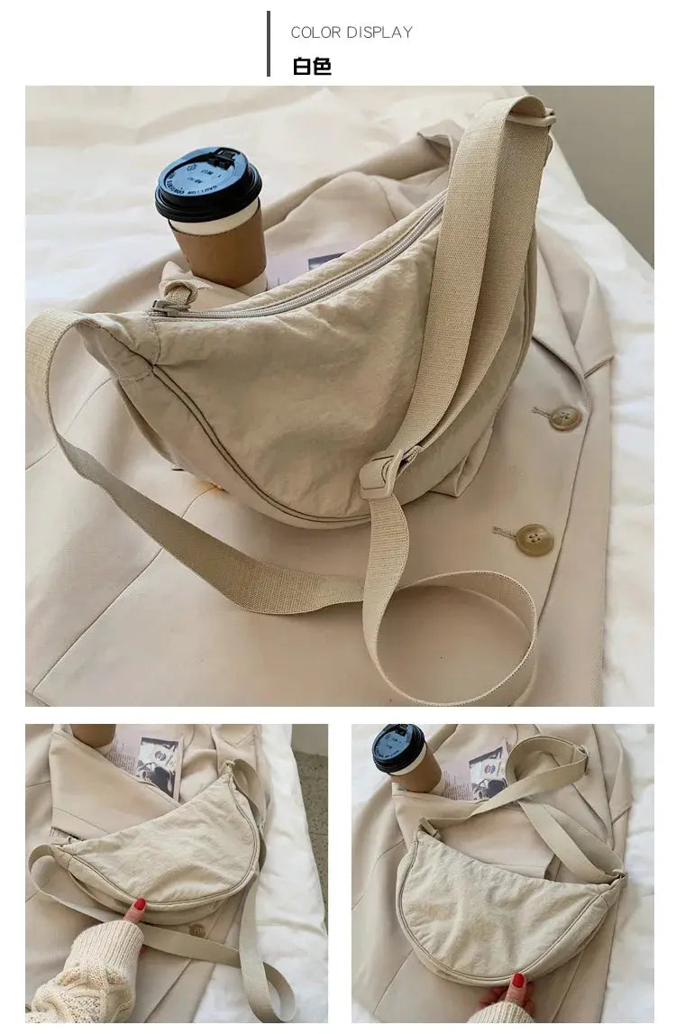 Simples Market casual nylon hobo crossbody bag in beige for women, large-capacity tote