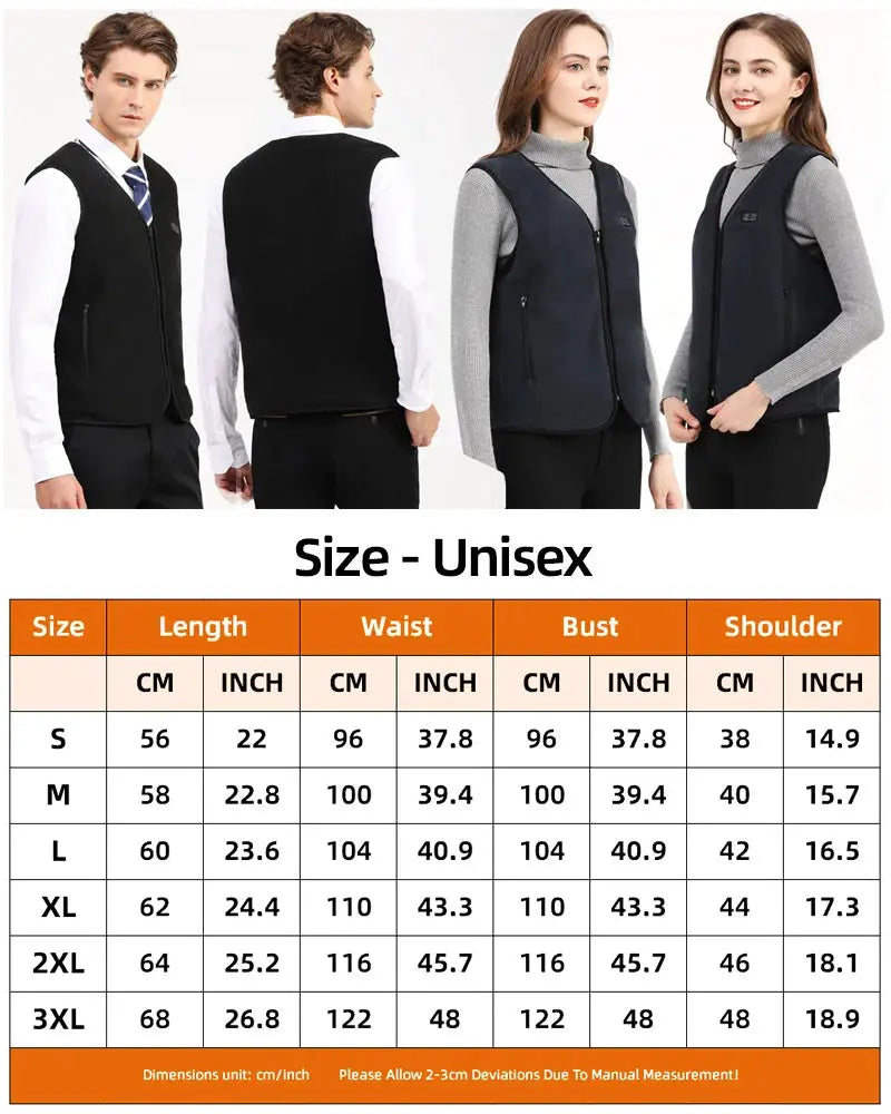 Heated fleece vest by Simples Market, unisex black USB self-heating vest for men and women; size chart included.