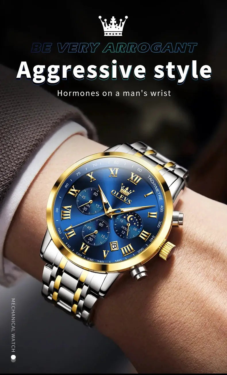 OLEVS 5529 men's luxury stainless steel watch with blue dial and gold bezel
