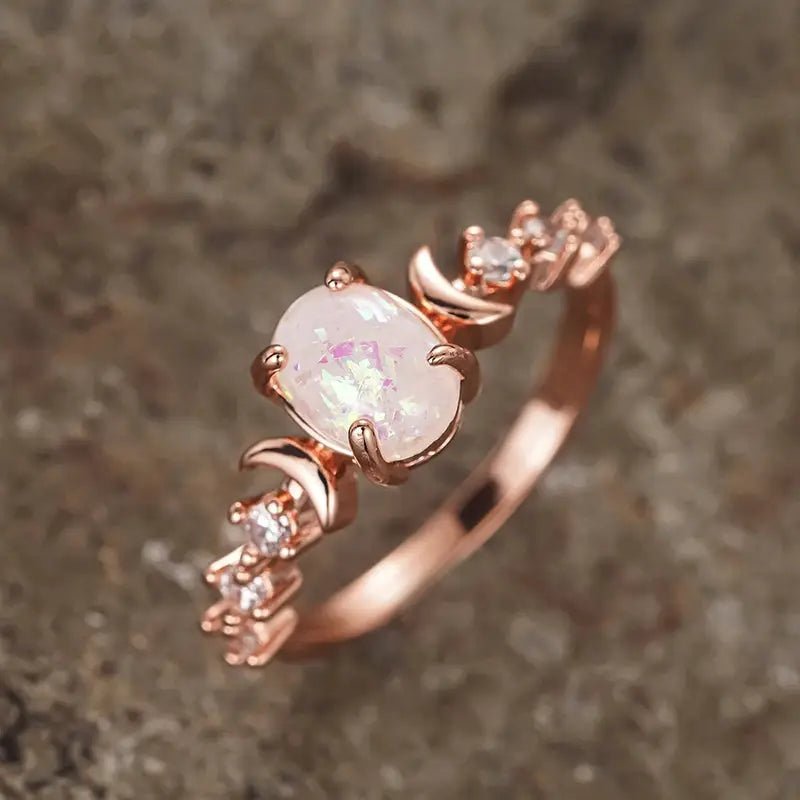 Huitan Blue White Imitation Opal Moon Rings For Women Brass Cubic Zirconia Jewelry Wedding Accessories Anniversary Gift - Simples Market