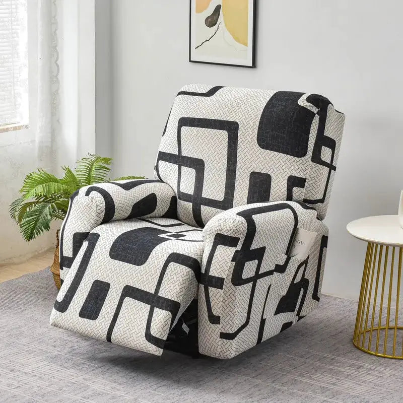 Simples Market stretch recliner cover in beige with black geometric pattern (fits 1–3 seat recliners)