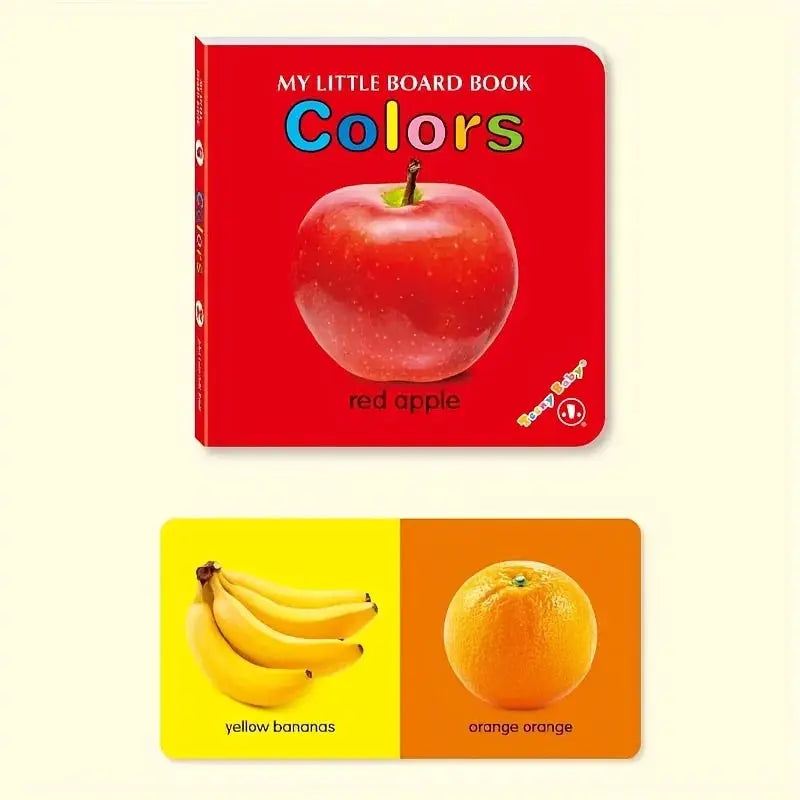 My Little Board Book Colors by Simples Market; red apple page and a two-panel color card showing yellow bananas and an orange