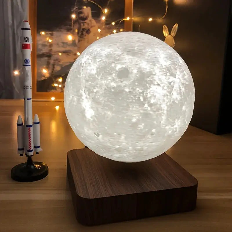 Moon lamp with wooden base; magnetic floating 3D-printed white LED sphere.