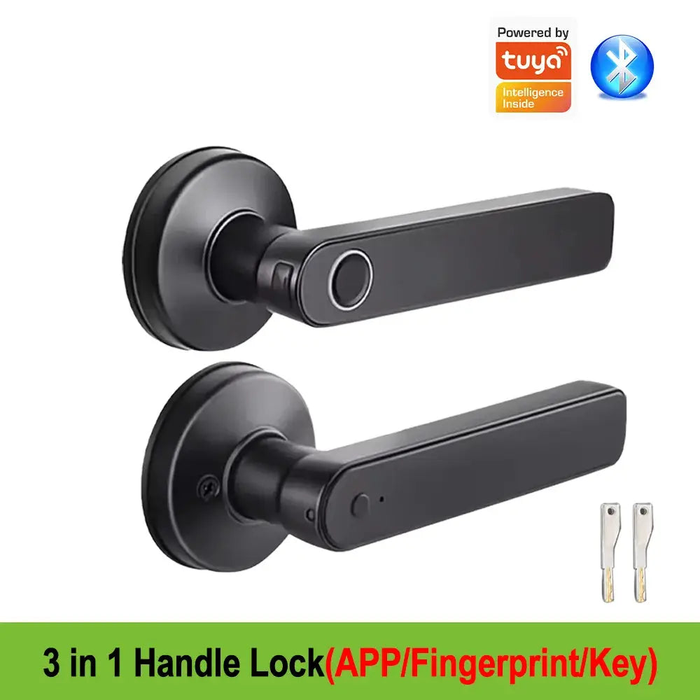 2-pack black Tuya-compatible Bluetooth smart door lock handles for wooden doors with fingerprint and key, IP65