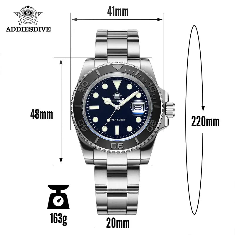 ADDIESDIVE luxury fashion men's quartz watch 200m business stainless steel diving watch sports luminous watch couple watch H3-C