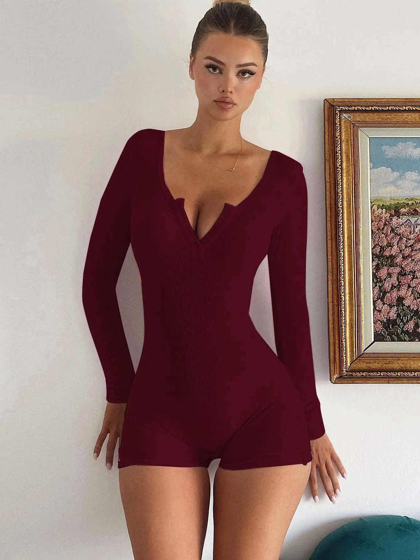 Hugcitar ribbed burgundy bodycon playsuit with long sleeves and square collar by Simples Market
