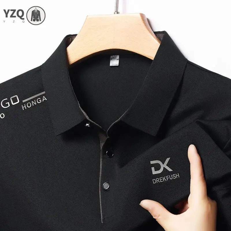 Men's black polo shirt with DK DREKFUSH logo, short sleeves, classic collar on hanger