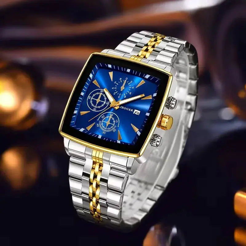 Men's luxury square-dial quartz wristwatch with stainless steel two-tone bracelet, blue dial, gold bezel and subdials.