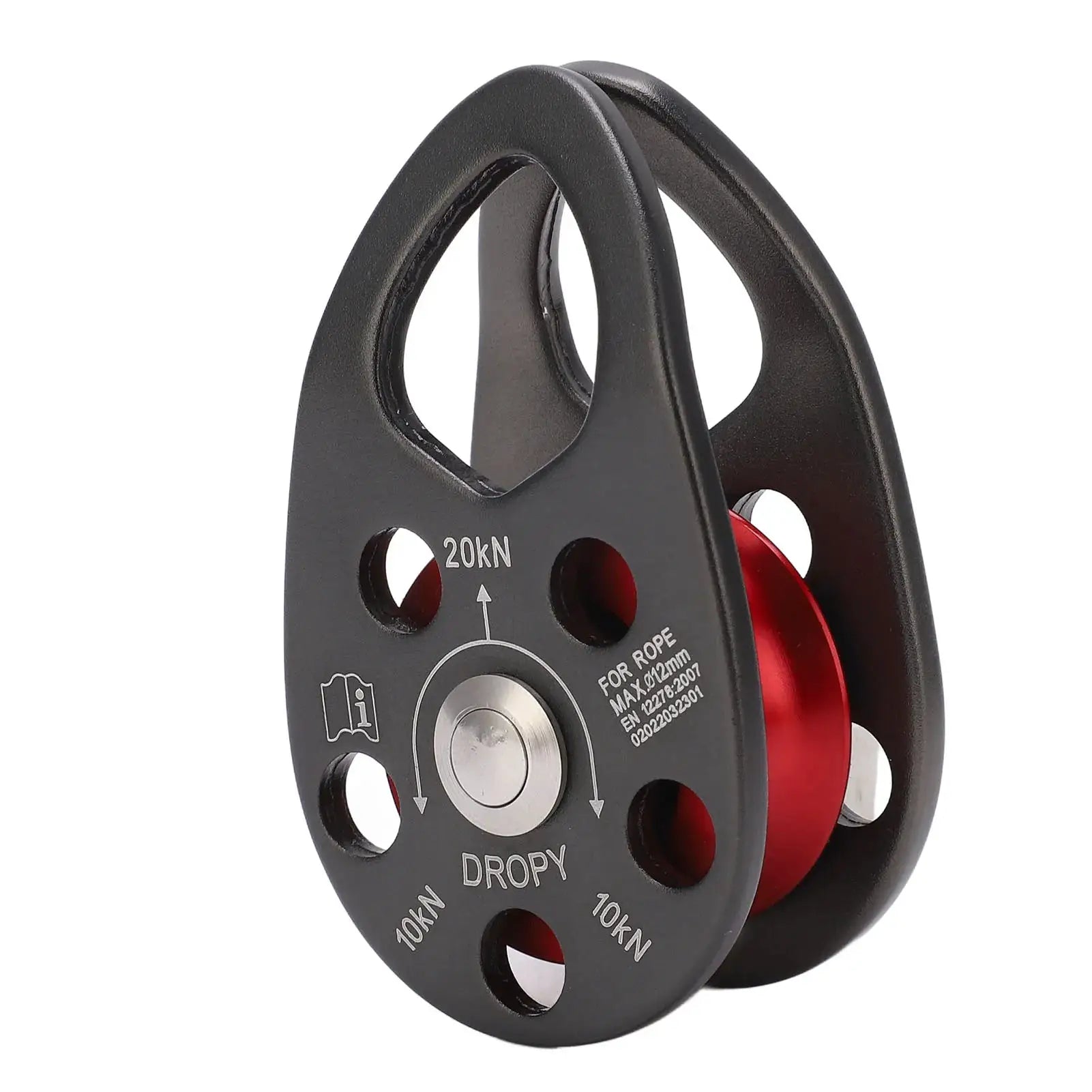 Simples Market portable climbing pulley, aluminum alloy single fixed pulley with 20kN load capacity, red wheel.