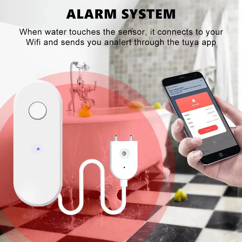 Tuya WiFi smart water leak sensor by Simples Market, white with blue LED, shown with smartphone app