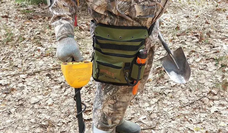 Metal detector finds bag, olive green all-terrain pouch with tool pockets for digger gear