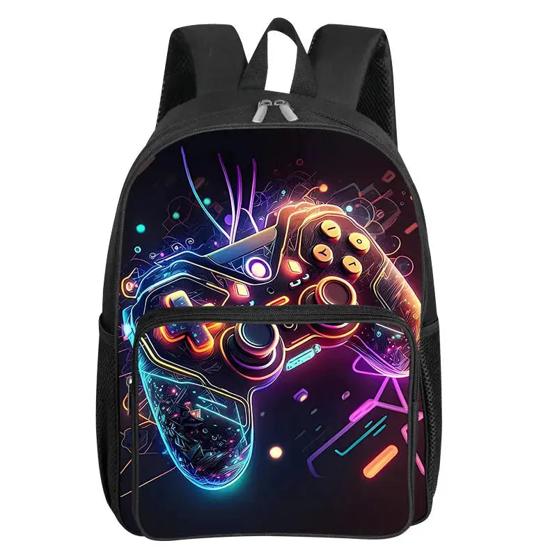 GamePad pattern backpack with neon controller print on black fabric, front pocket zipper, by Simples Market