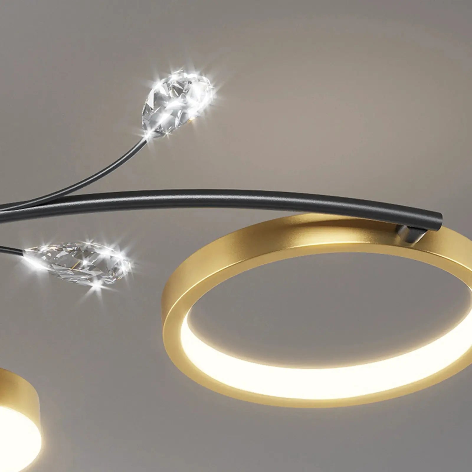 IRALAN modern LED ceiling chandelier with a gold circular ring and crystal accents