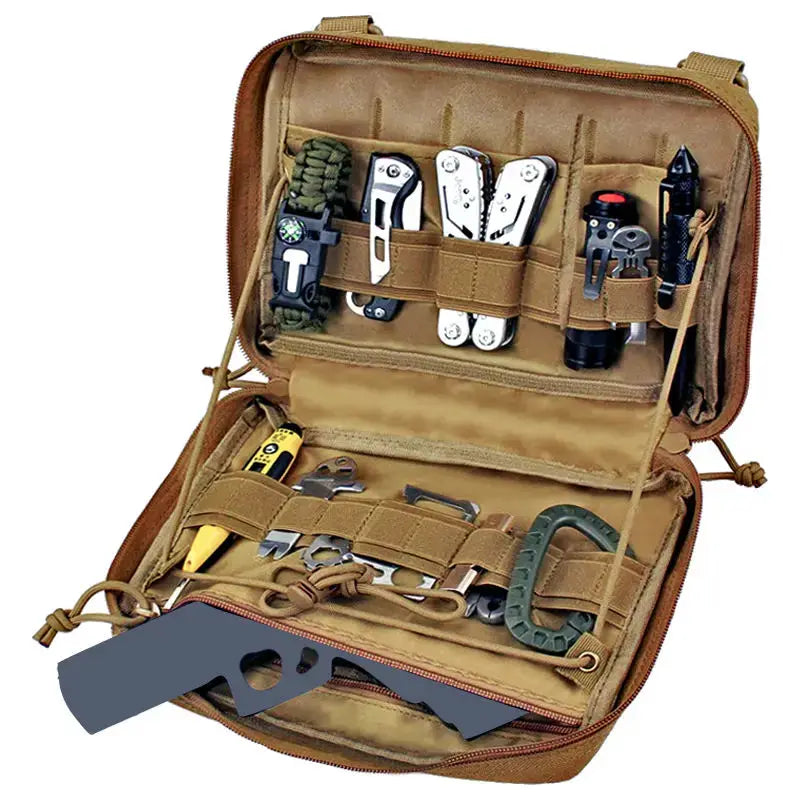 Molle Pouch Bag EMT medical kit in tan with multi-tool and assorted tools