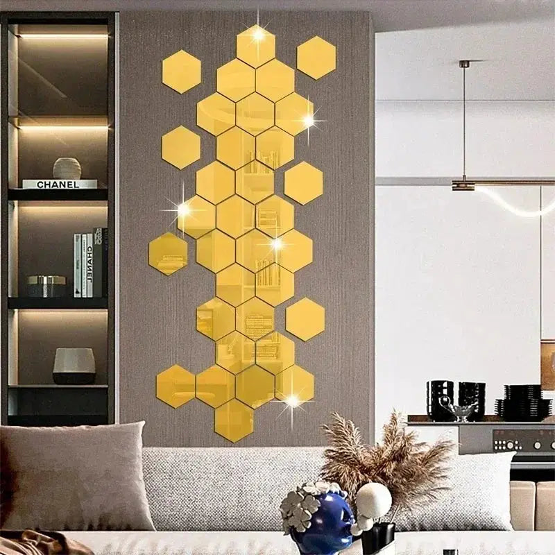 Hexagon acrylic mirror wall sticker mosaic tiles in gold, 5pcs, Simples Market removable DIY decor