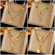 DIEYURO 316L Stainless Steel Butterfly Moon Lock Blue Eyes Pendant Necklace For Women Multilayer Choker Jewelry Gift - Simples Market