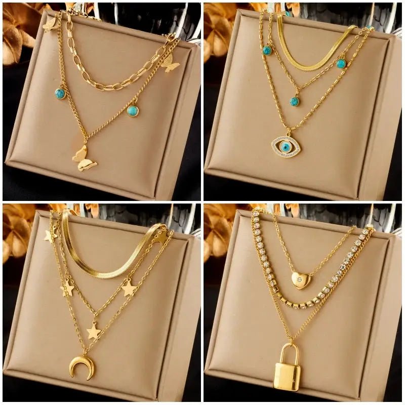 DIEYURO 316L Stainless Steel Butterfly Moon Lock Blue Eyes Pendant Necklace For Women Multilayer Choker Jewelry Gift - Simples Market
