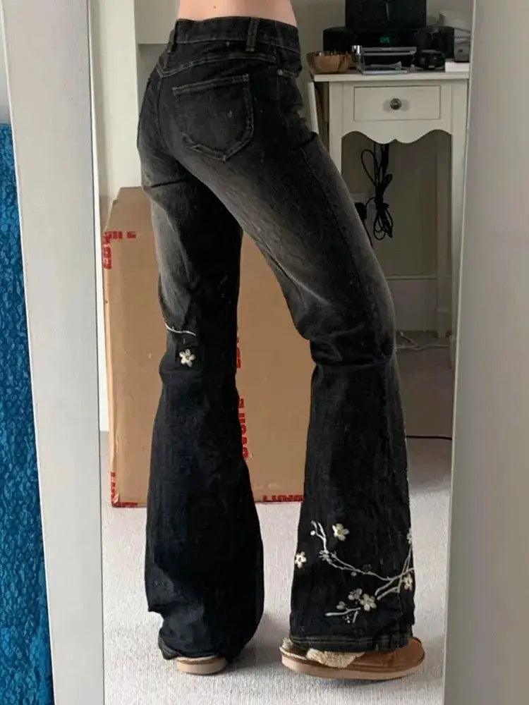 Weekeep Floral Embroidery Jeans Y2K Vintage Low Rise Flared Denim