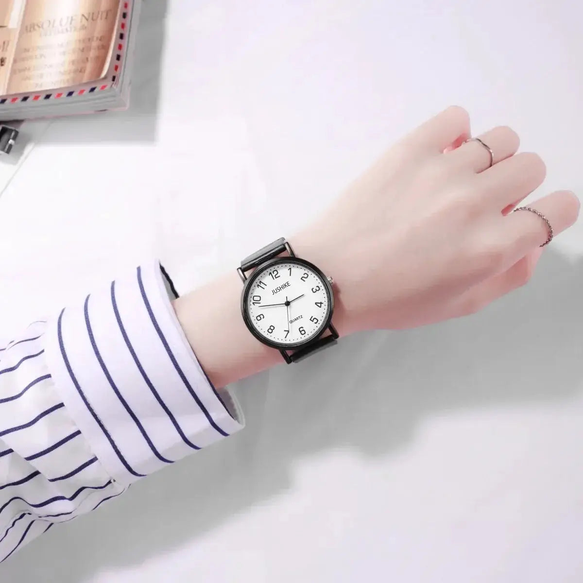 NovaTime Minimalist Black And White Women Quartz Watch With Vegan Leather Strap For Everyday Wear