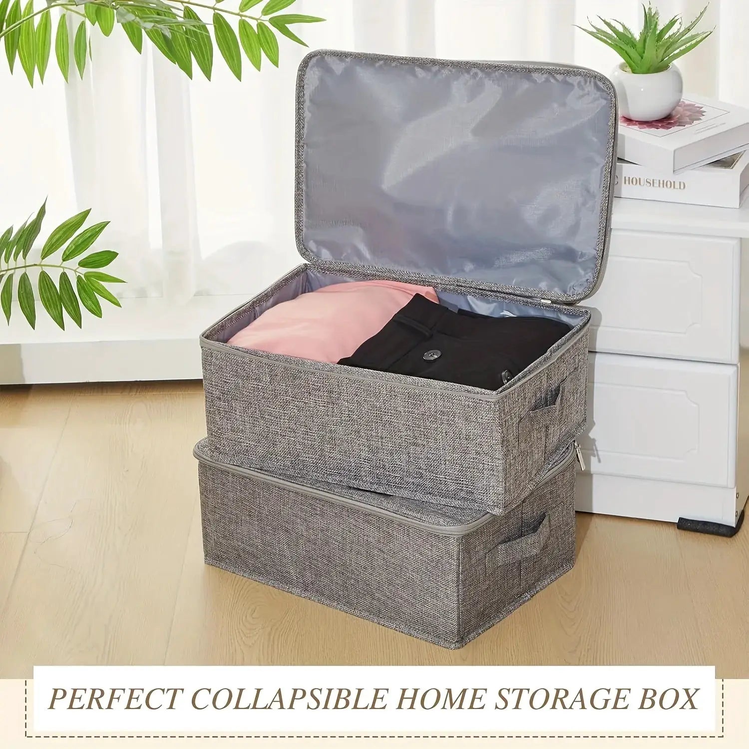 Fabric storage boxes by Simples Market, two-pack grey foldable with lids and handles, stackable for under-bed storage.