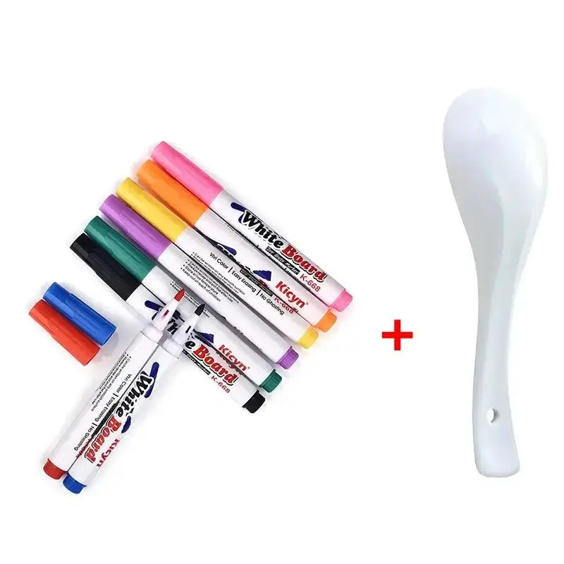 Magical water painting pen set with 8 colorful whiteboard markers and a white plastic spoon tool