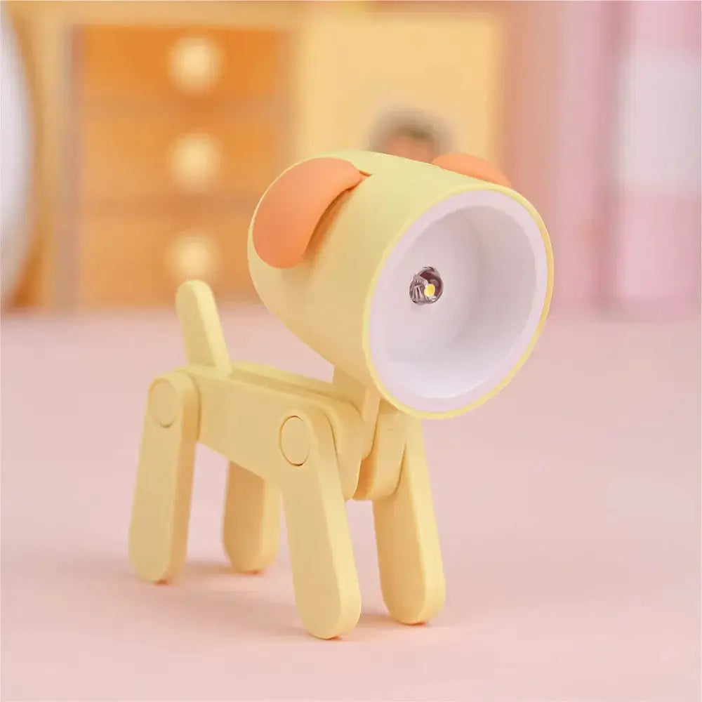LED mini night light dog-deer desk lamp; foldable, pastel yellow with pink ears, desktop ornament.
