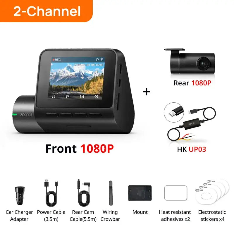 70mai A200 dual-channel dash cam with 1080P HDR front/rear, 2'' IPS screen, includes mount and cables