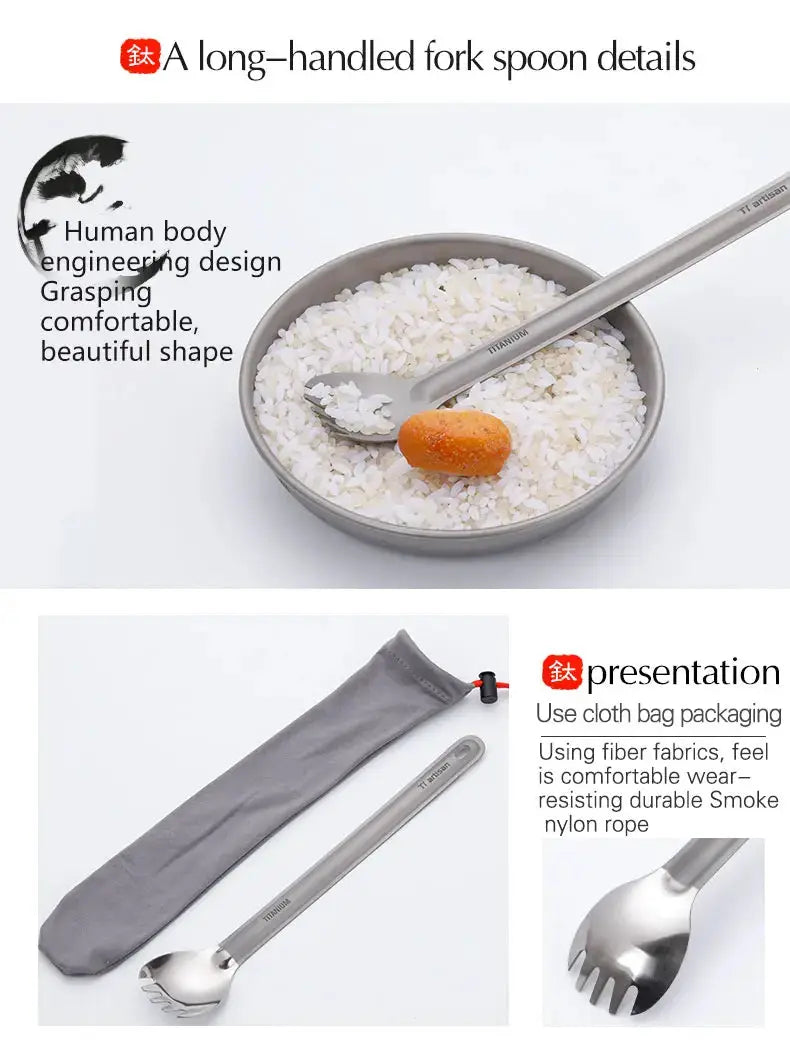 Tiartisan titanium long-handle spork spoon cutlery; ultralight camping tableware with cloth bag