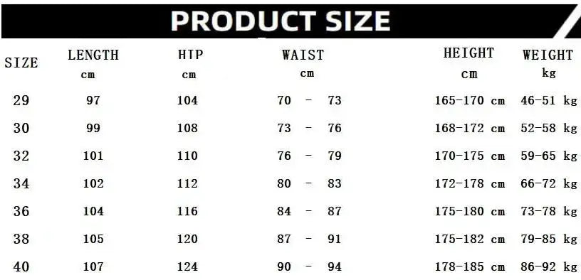 Men's cotton cargo pants size chart with measurements for length, hip, waist, height and weight.