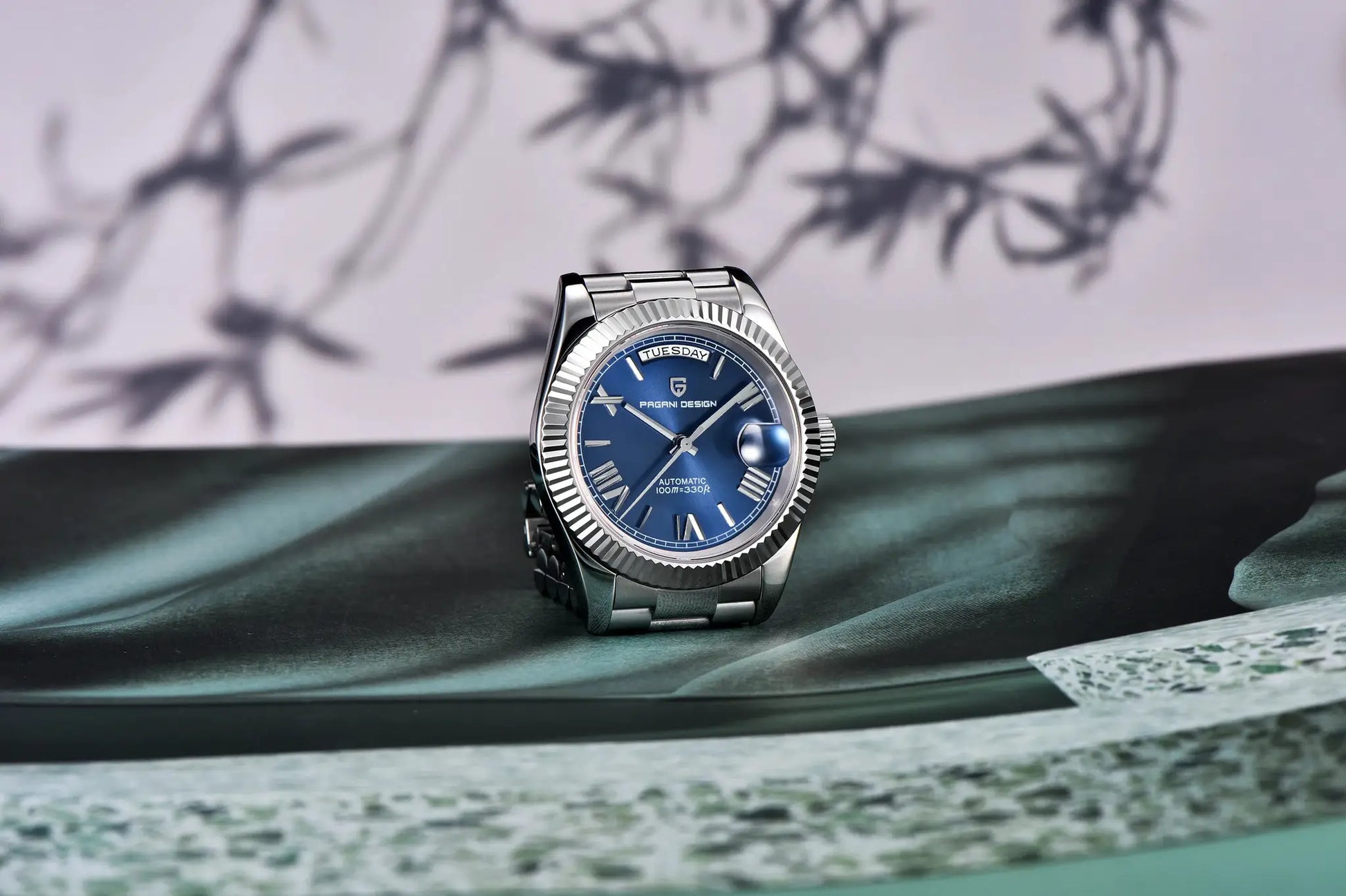 Pagani Design stainless steel automatic watch with blue dial and day-date display