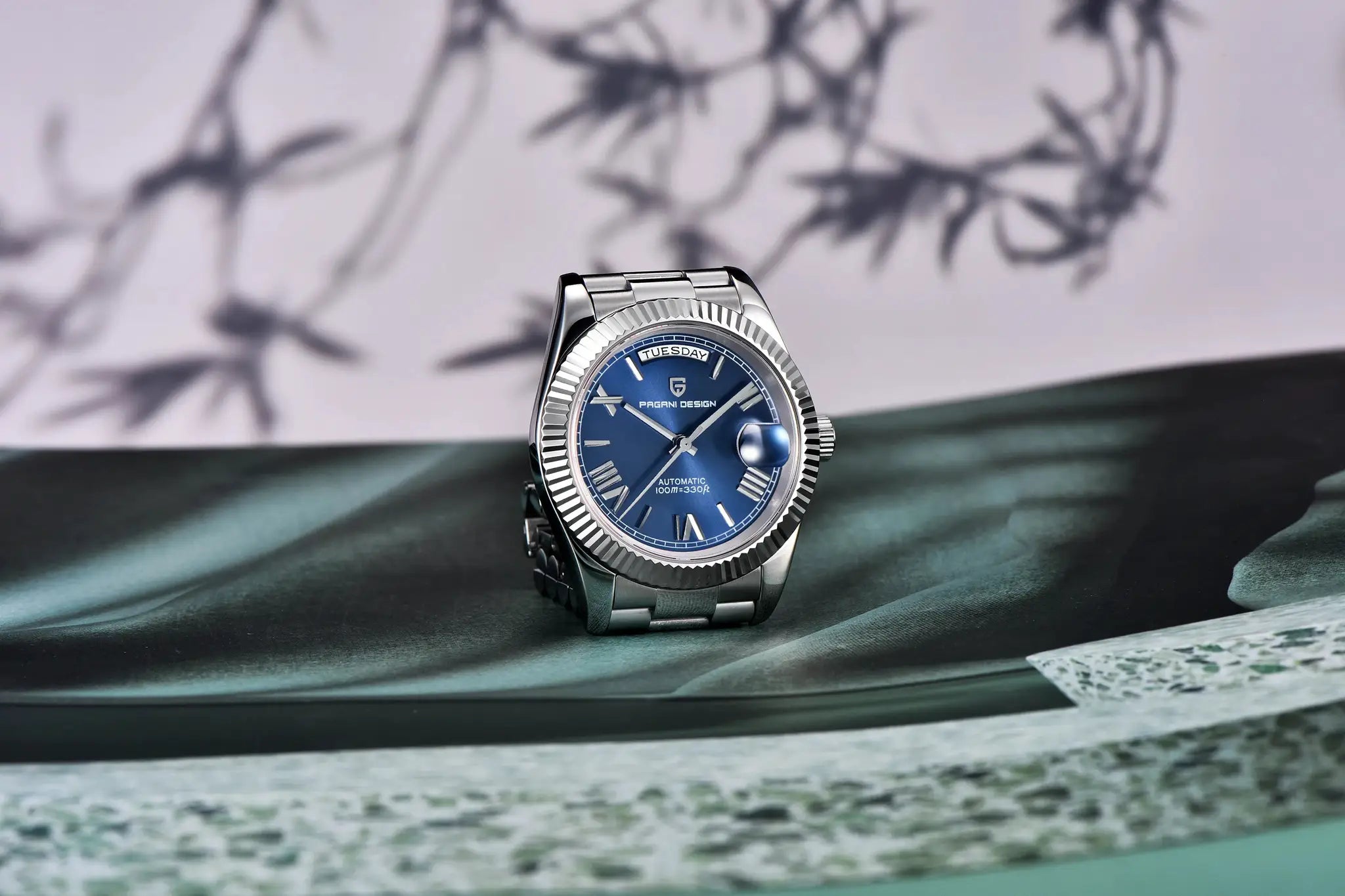 Pagani Design stainless steel automatic watch with blue dial and day-date display