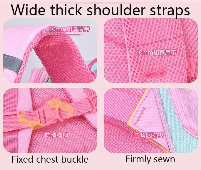 Kids pink unicorn backpack with thick straps, anti-slip chest buckle, firmly sewn seams